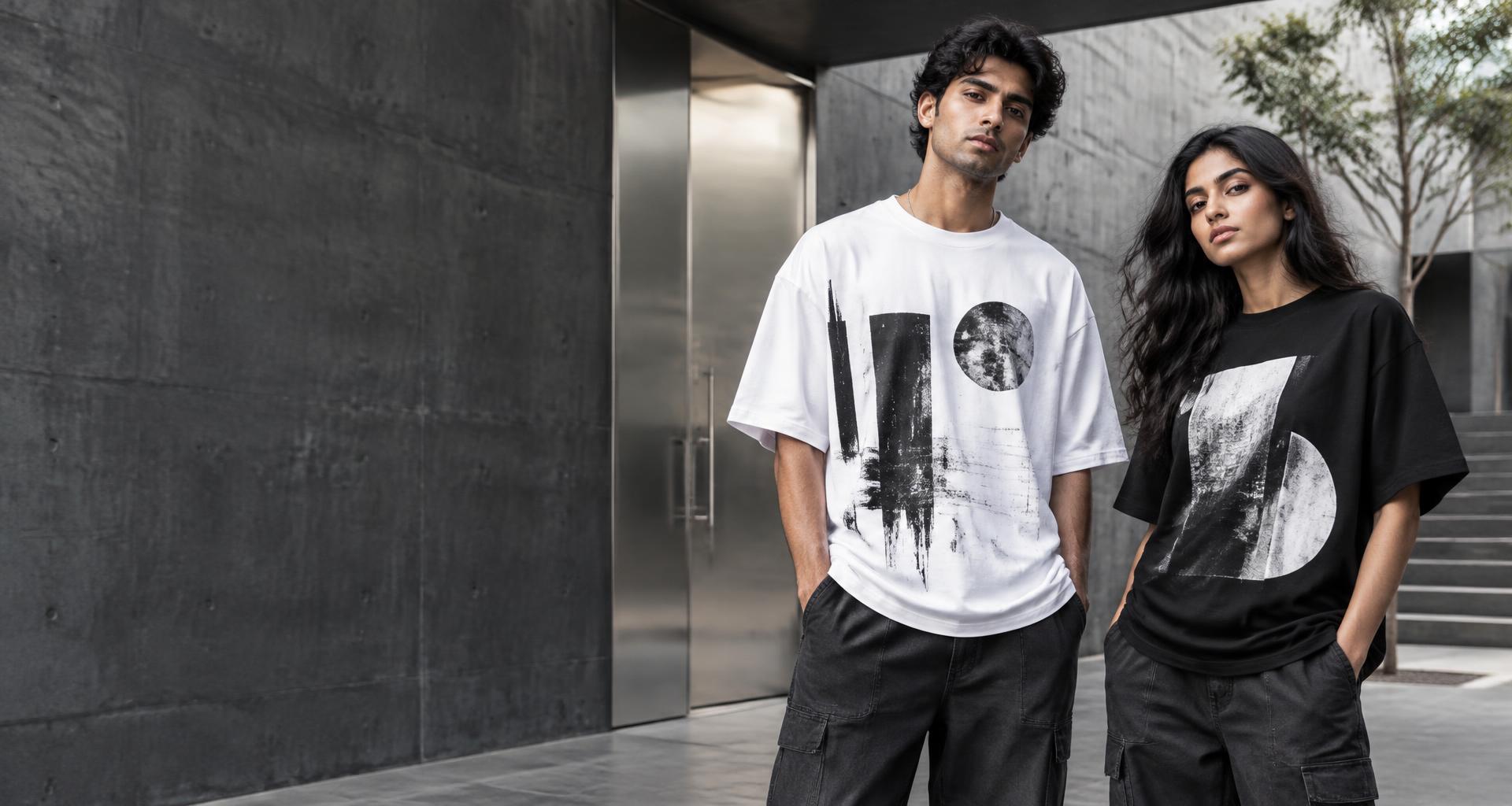 Two models wearing monochrome oversized graphic tees in a concrete courtyard